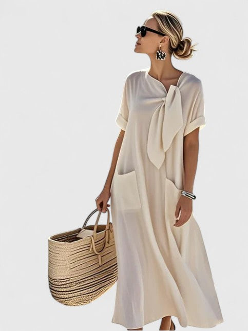 Long-Sleeve A-Line Womens Midi Dress, Neck Tie &amp; Pockets
