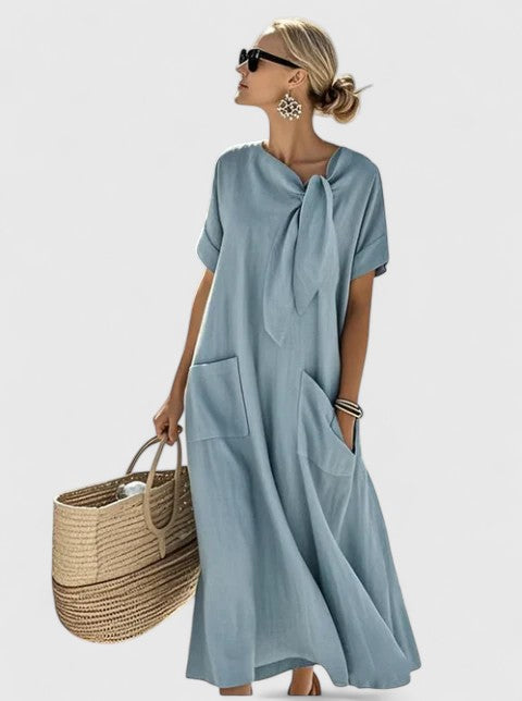 Long-Sleeve A-Line Womens Midi Dress, Neck Tie &amp; Pockets