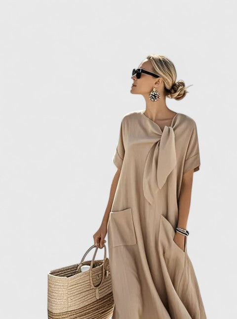 Long-Sleeve A-Line Womens Midi Dress, Neck Tie &amp; Pockets