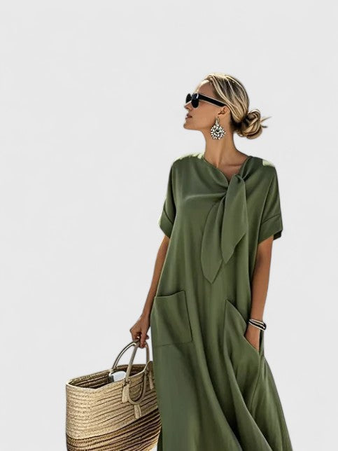 Long-Sleeve A-Line Womens Midi Dress, Neck Tie &amp; Pockets