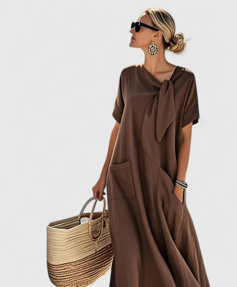 Long-Sleeve A-Line Womens Midi Dress, Neck Tie &amp; Pockets