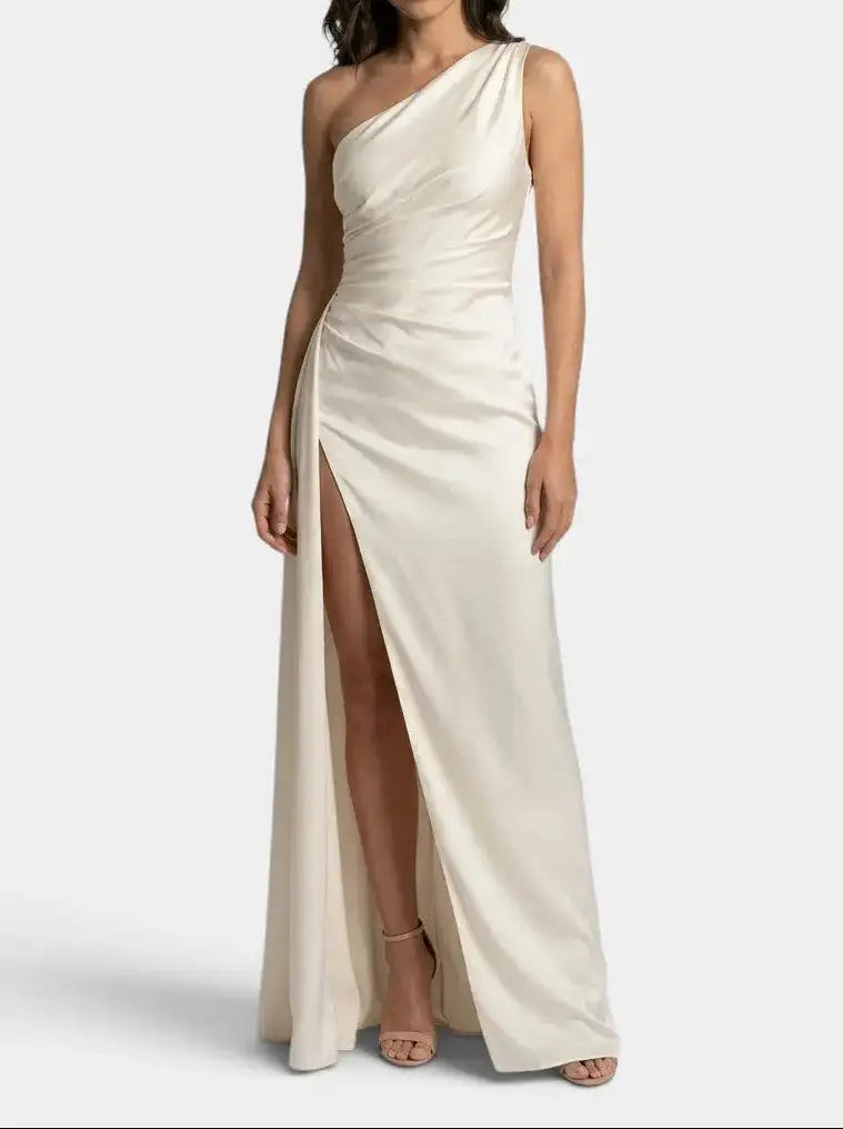 One-Shoulder Satin Evening Womens Maxi Dress, Side Split