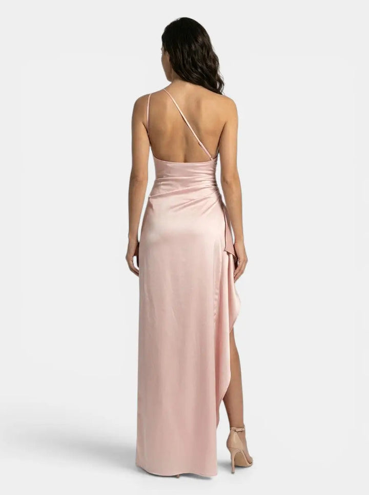 One-Shoulder Satin Evening Womens Maxi Dress, Side Split