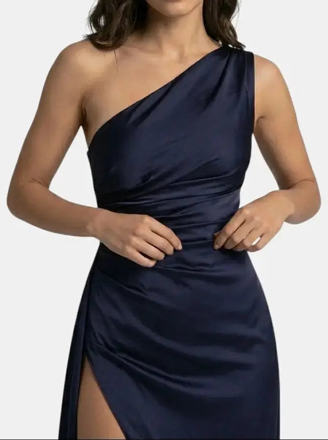 One-Shoulder Satin Evening Womens Maxi Dress, Side Split