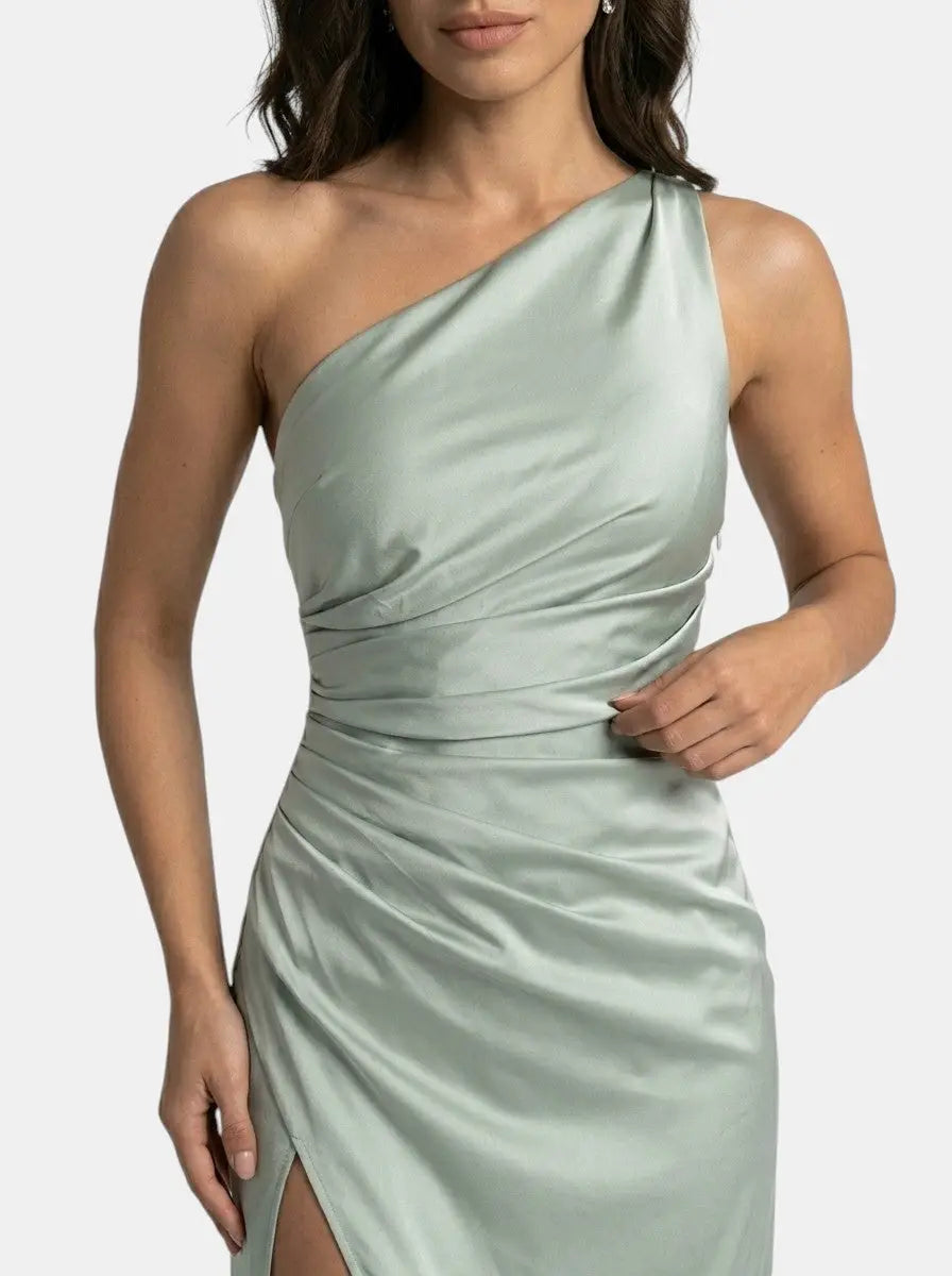 One-Shoulder Satin Evening Womens Maxi Dress, Side Split