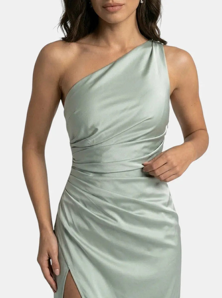 One-Shoulder Satin Evening Womens Maxi Dress, Side Split