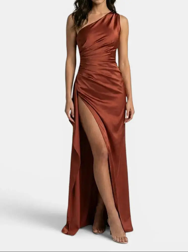 One-Shoulder Satin Evening Womens Maxi Dress, Side Split