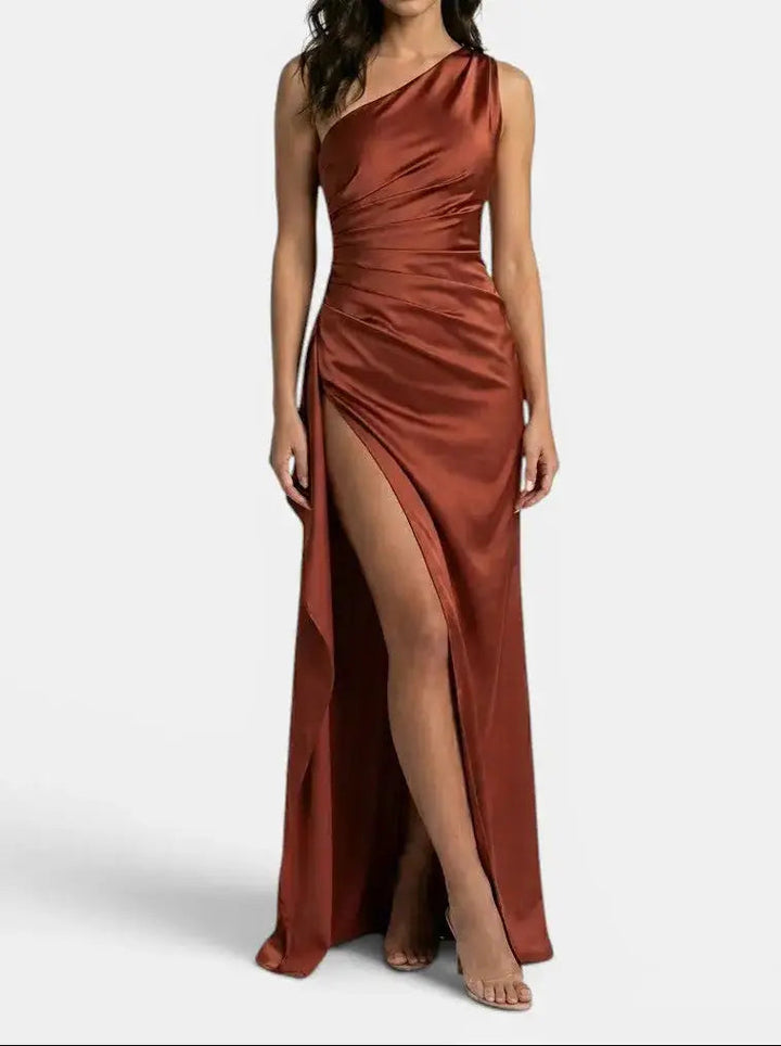 One-Shoulder Satin Evening Womens Maxi Dress, Side Split