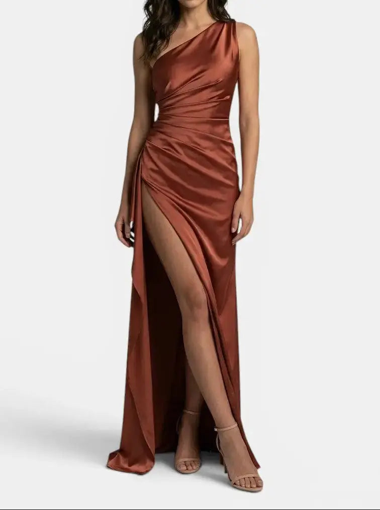 One-Shoulder Satin Evening Womens Maxi Dress, Side Split