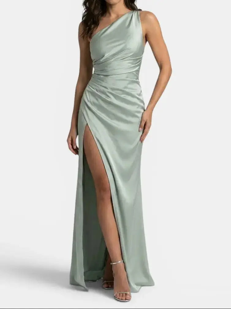 One-Shoulder Satin Evening Womens Maxi Dress, Side Split