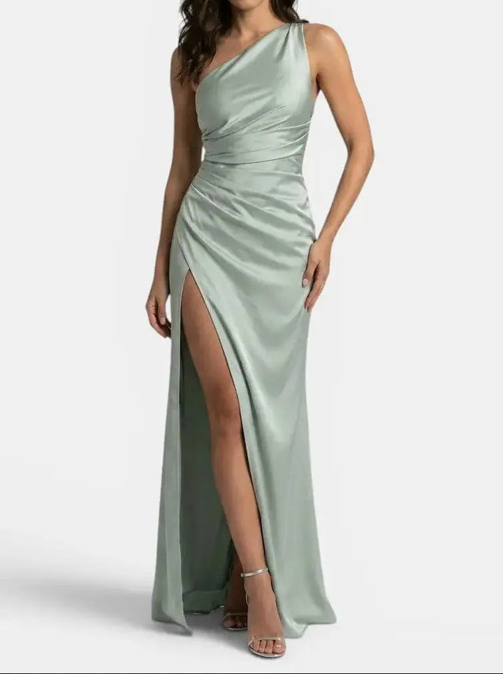 One-Shoulder Satin Evening Womens Maxi Dress, Side Split