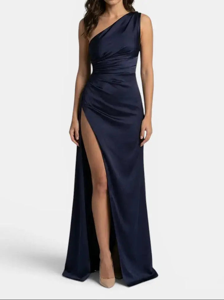 One-Shoulder Satin Evening Womens Maxi Dress, Side Split