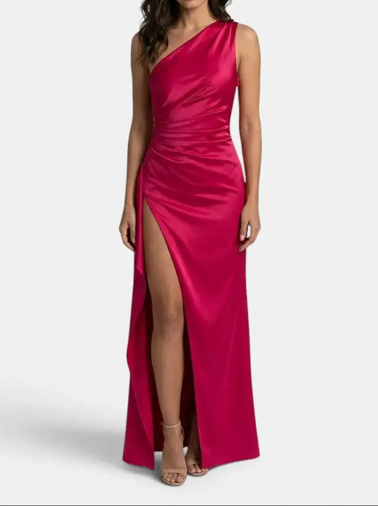 One-Shoulder Satin Evening Womens Maxi Dress, Side Split