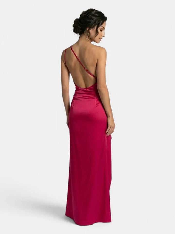 One-Shoulder Satin Evening Womens Maxi Dress, Side Split