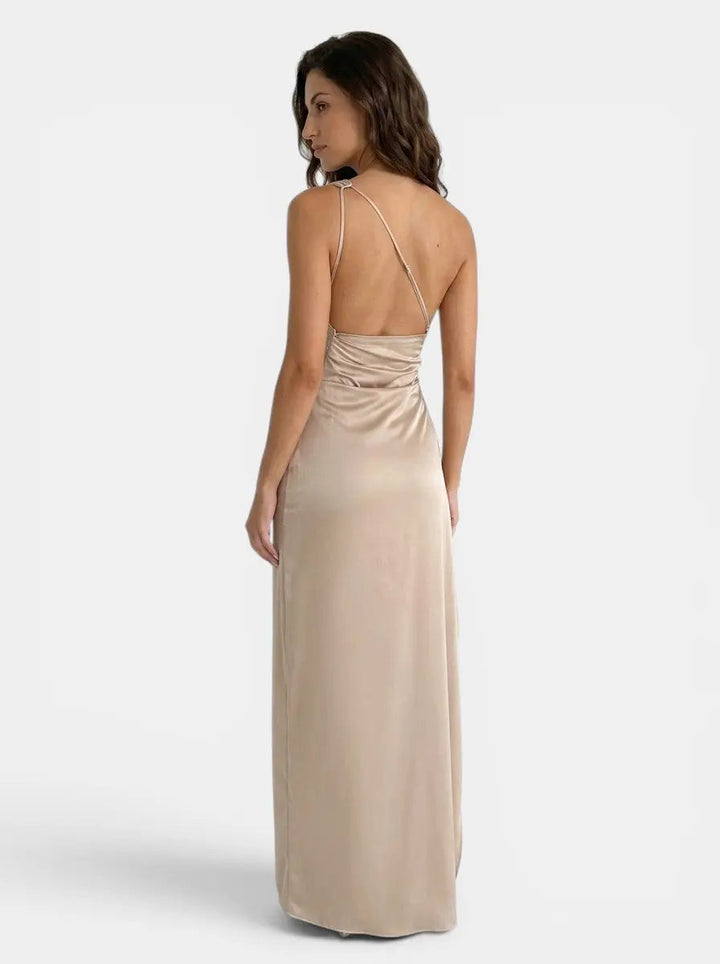 One-Shoulder Satin Evening Womens Maxi Dress, Side Split